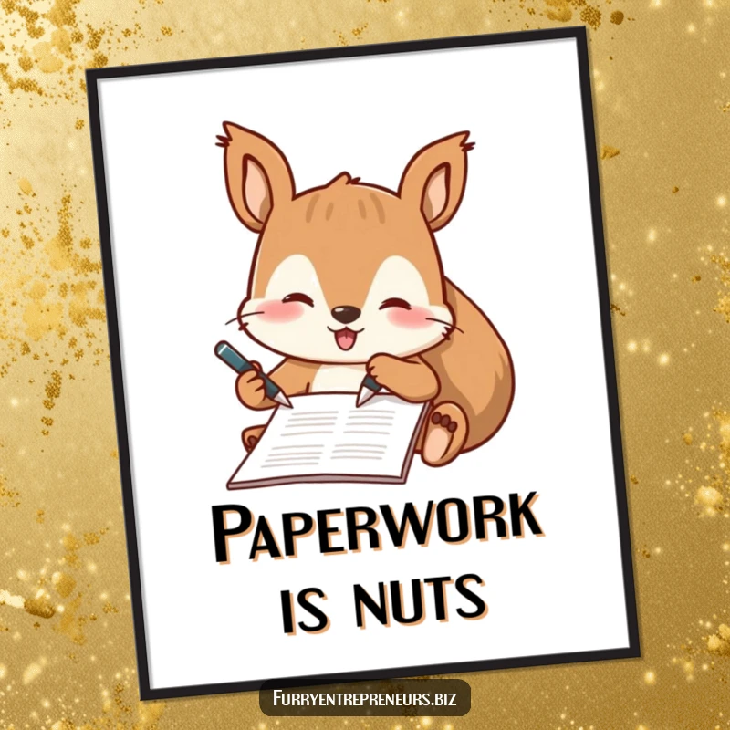 Funny digital art print of a playful squirrel character signing a document with a tiny pen, embodying professional charm.