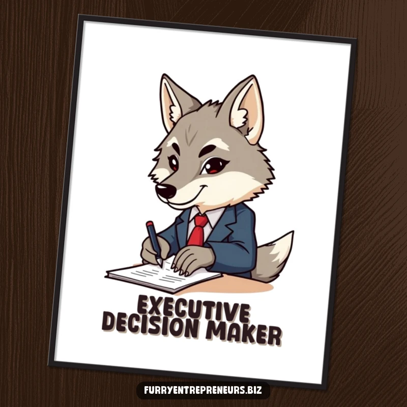 Funny wolf in a tiny business suit, intensely signing documents, a humorous and determined piece of digital art for decor.