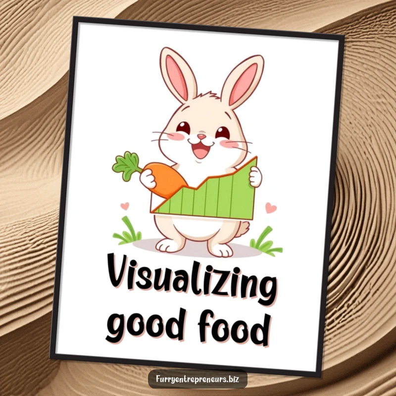 Funny rabbit character enthusiastically presenting a rising graph with a carrot on a digital art print, symbolizing success and growth.