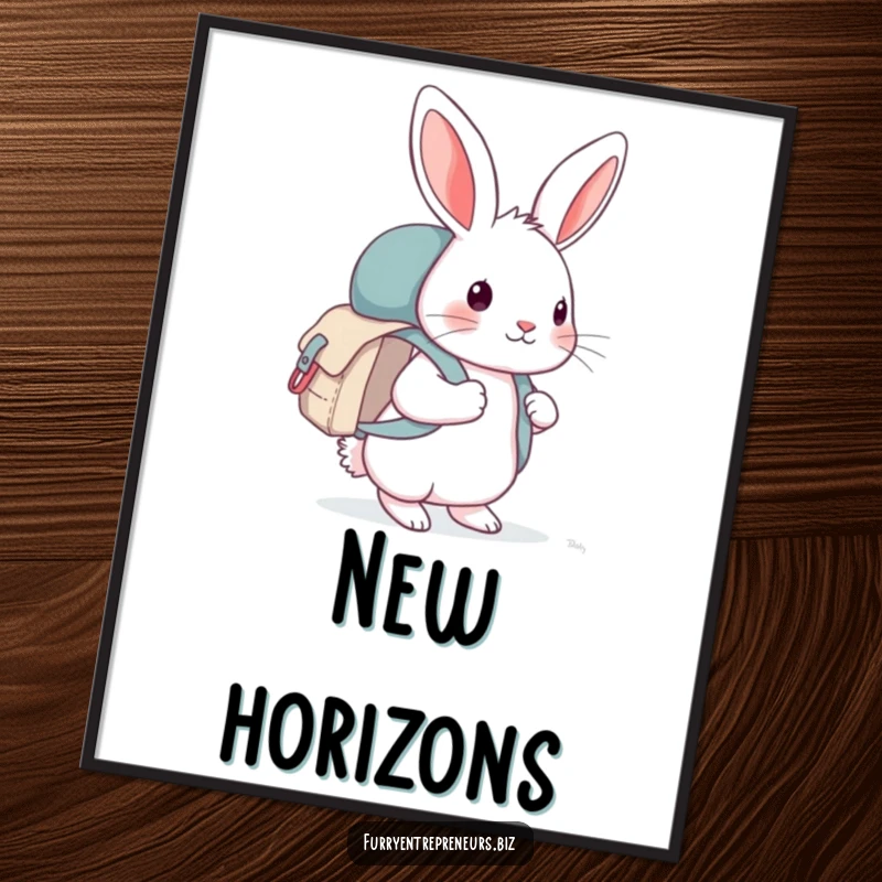 Funny curious rabbit with a tiny backpack, exploring digitally rendered art, ready to be printed as wall decor.
