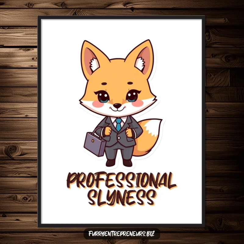 Funny business fox character in a suit and briefcase on a digital art print, adding professional charm and humor to decor.