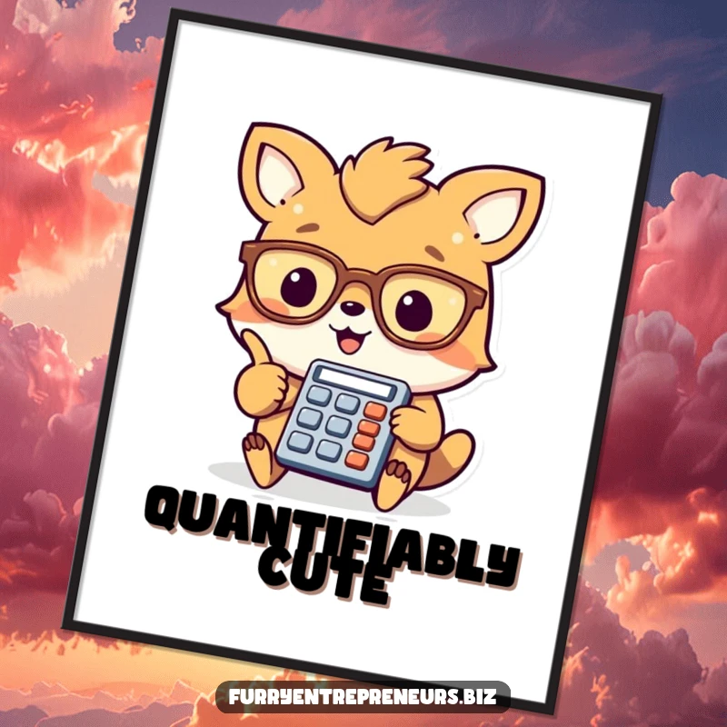 Funny animal accountant digital art print, a cheerful creature with glasses points at a tiny calculator, perfect for downloadable, smart wall decor.