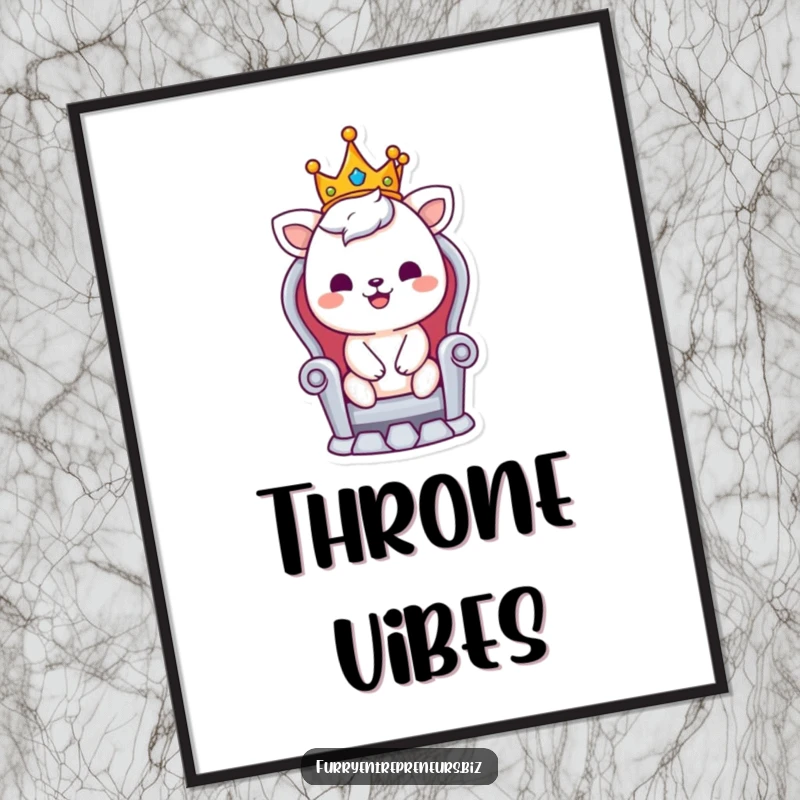 Funny digital art print of a smiling animal character, tiny crown, tiny throne, radiating regal amusement and cartoonish charm.