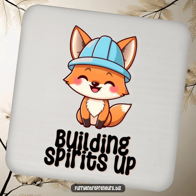 Funny coaster featuring a smiling fox wearing a tiny hard hat, adding construction humor and protecting surfaces.