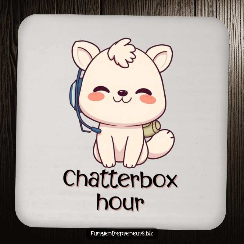 Funny animal call center drink coaster, a playful creature with a headset grins while on a call, protecting surfaces with a humorous service vibe.