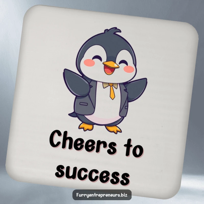 Funny penguin character in a suit shaking hands on a coaster, business decor, professional humor, cute funny gift.