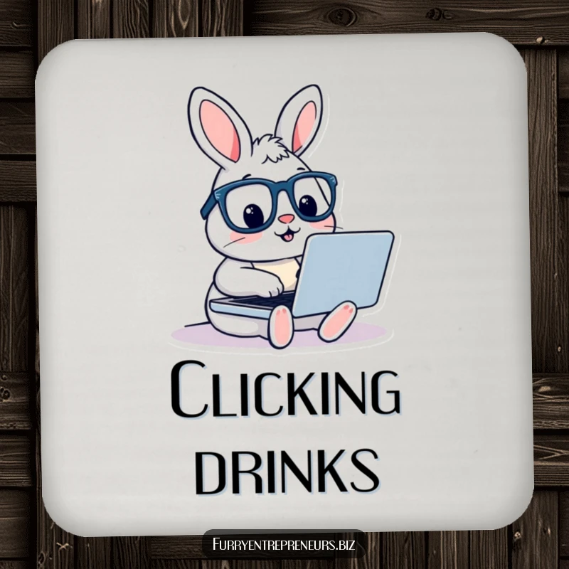 A cute rabbit with glasses typing on a laptop humorously protecting surfaces on a durable drink coaster.