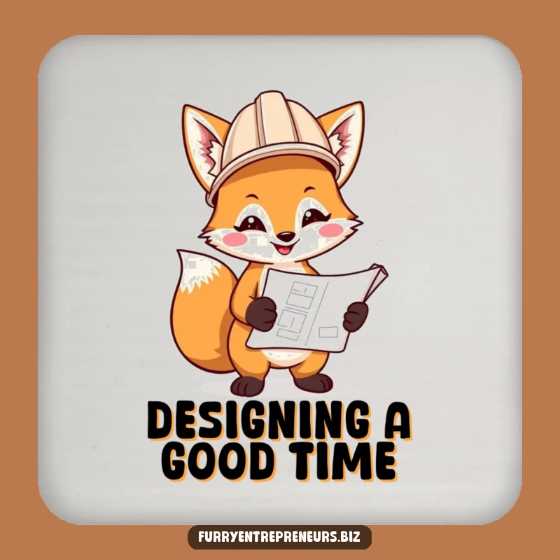 Funny Fox Blueprint Coaster: Protect Surfaces With Hard Hat Fox Art, Unique Funny Gift!