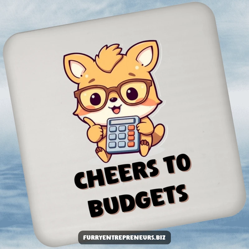 Funny animal accountant drink coaster, a cheerful creature with glasses points at a small calculator, protecting surfaces with a touch of numerical humor.