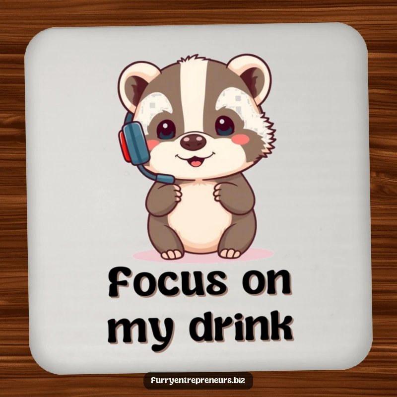 Funny drink coaster featuring a focused badger wearing a headset, offering protection with a humorous and professional flair for any beverage.