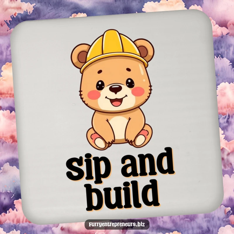 Funny bear cub in a construction helmet, smiling, depicted on a protective drink coaster for tables.