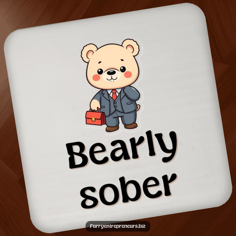 Cute bear character shaking a briefcase on drink coasters, adding professional humor and protecting surfaces.