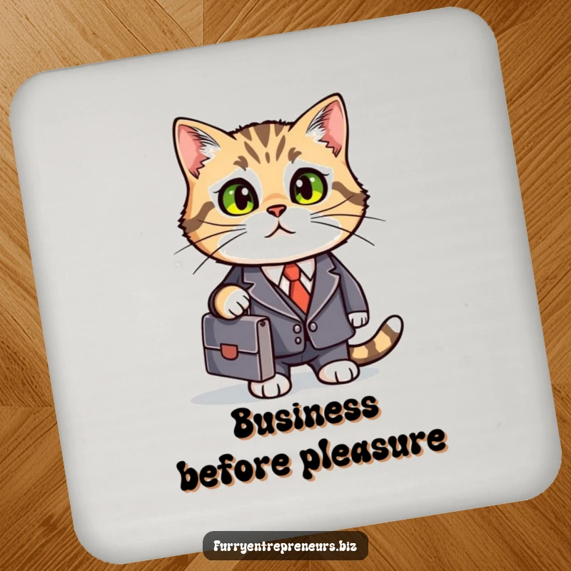 Funny business cat coaster, dressed in a suit, offering protection with a stylish and humorous demeanor.