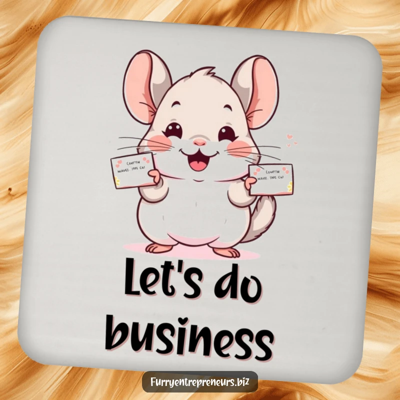 Funny Chinchilla drink coasters featuring a cheerful character distributing business cards, a humorous addition to any table.