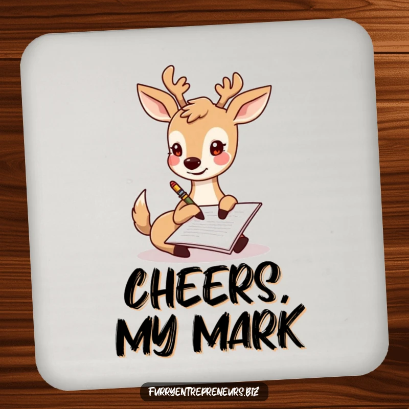 Funny deer character signing a document with its hoof, a humorous drink coaster for surface protection.