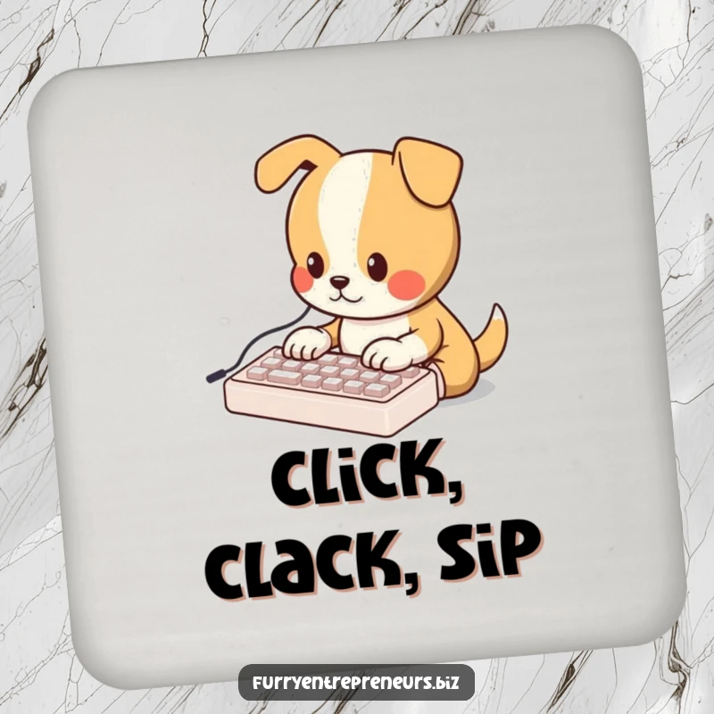 Funny drink coaster featuring an adorable dog character typing on a miniature keyboard, protecting surfaces with charm.