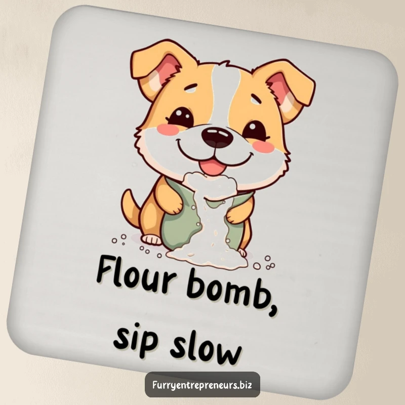 Funny drink coasters featuring a mischievous dog with a comically big smile, dropping flour from a bag, protecting your furniture.