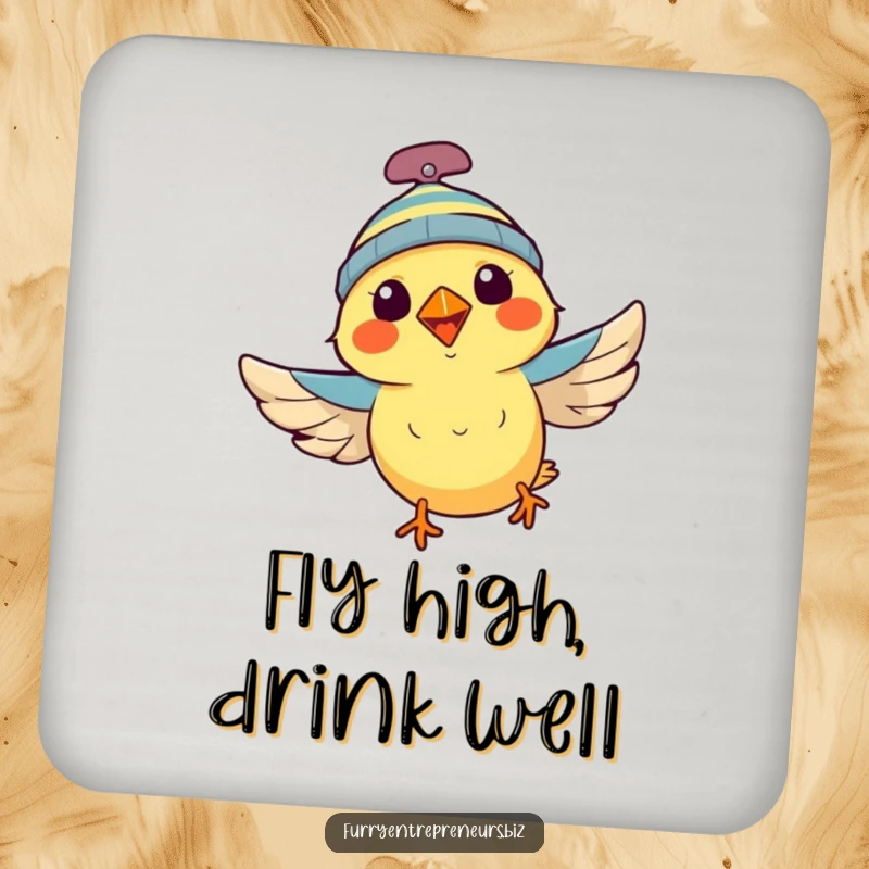 Funny bird wearing a propeller beanie, flying joyfully, on a drink coaster, adding aerial humor, a thoughtful funny gift.