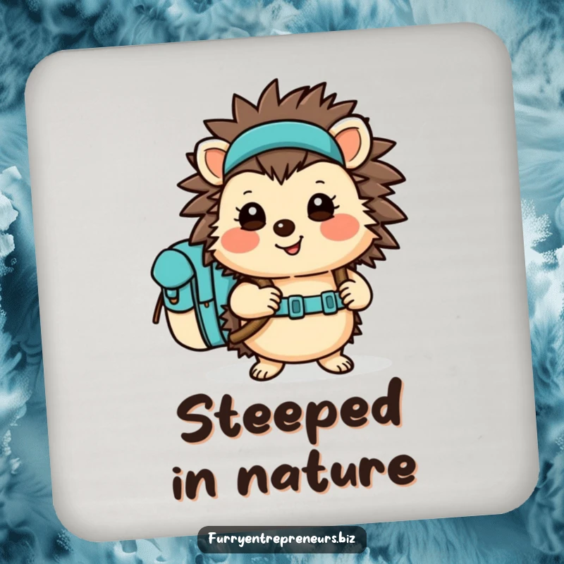 Funny Hedgehog Drink Coaster showing a cheerful hiker character with a backpack, protecting tables. Cute and functional home accessory.
