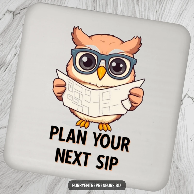 Funny owl wearing glasses, intensely focused on a blueprint, depicted on a protective drink coaster for tables.