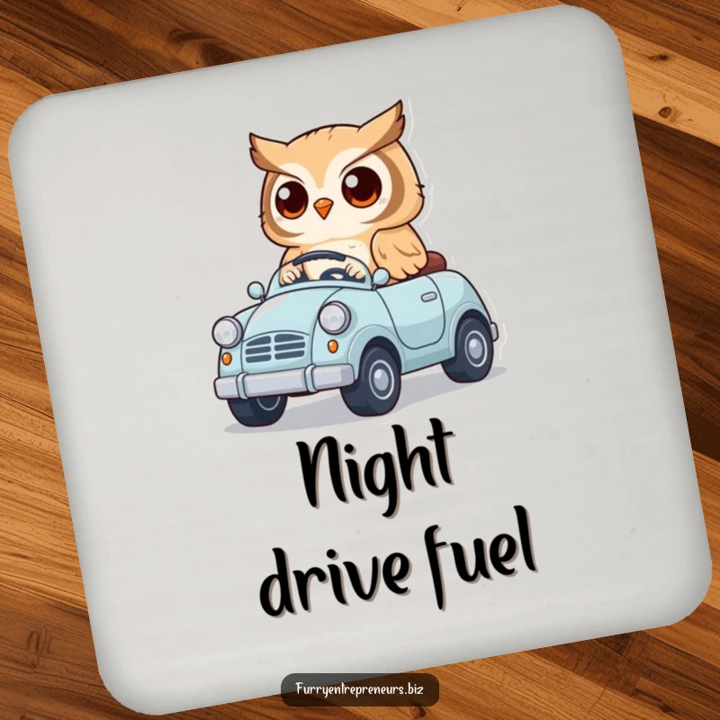 Funny coaster featuring a cute owl character driving a tiny toy car, adding whimsical humor and protecting surfaces.