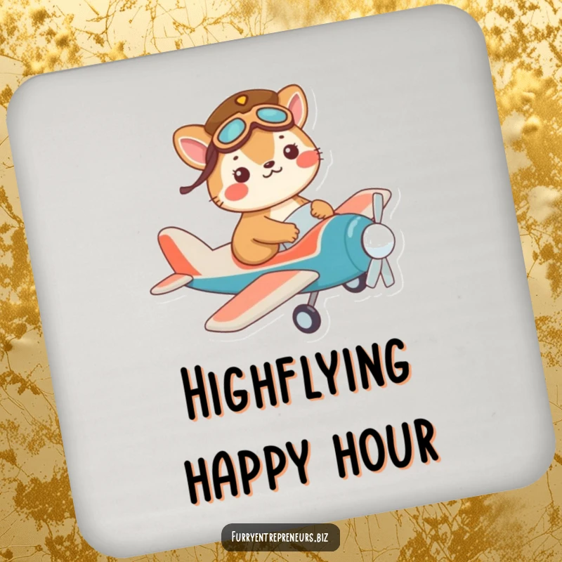 Funny pilot animal coaster showing a mischievous character in a tiny pilot hat, flying a toy plane.