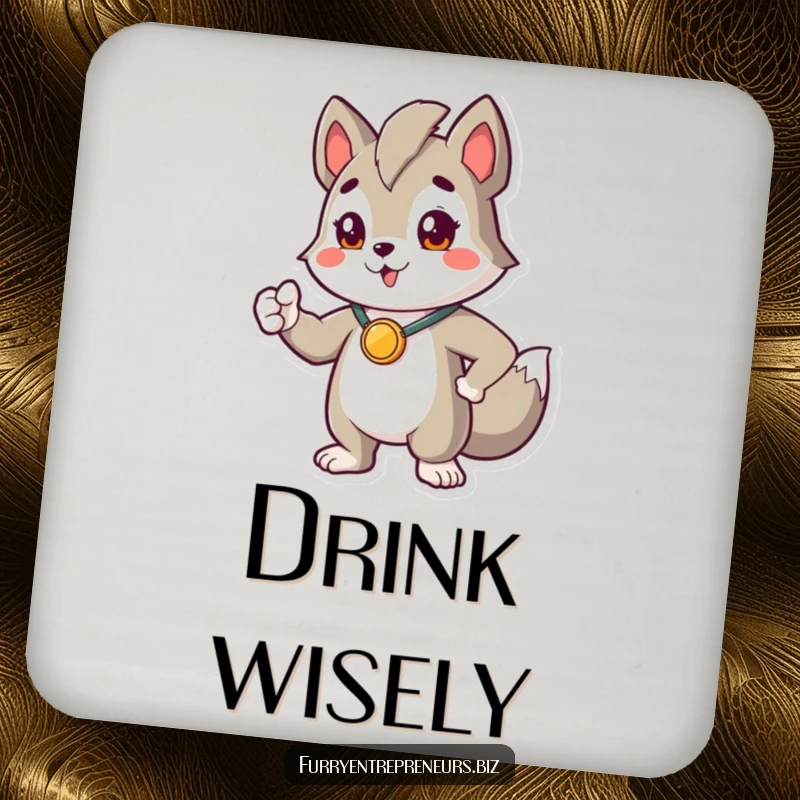 Funny drink coaster with a proud animal character striking a heroic pose with a tiny medal, adding humor to tabletops.
