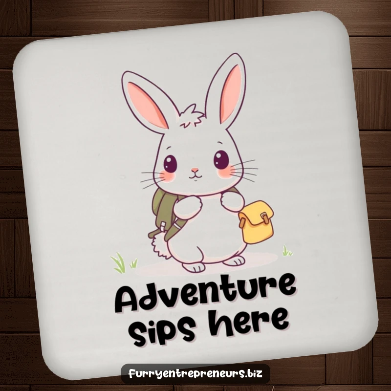 Funny rabbit explorer coaster featuring a curious rabbit with a backpack, protecting surfaces with adorable charm.