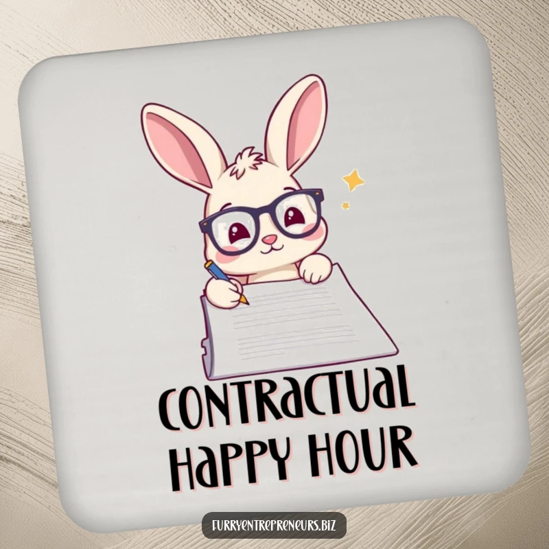 Funny rabbit drink coaster, wearing glasses, signing a document about beverage placement.