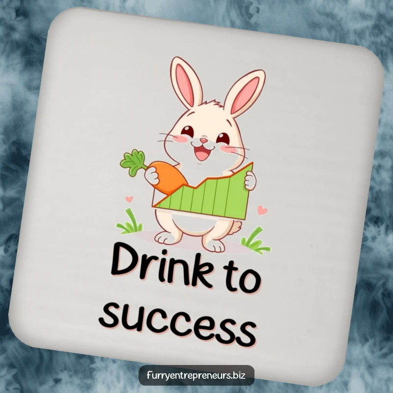 Funny rabbit character enthusiastically presenting a graph with a carrot on coasters, protecting surfaces with analytical charm and humor.