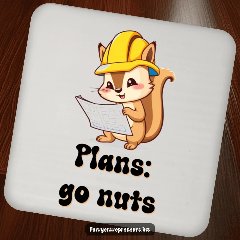 Funny squirrel construction inspector studying a blueprint on a drink coaster, adding humorous flair.