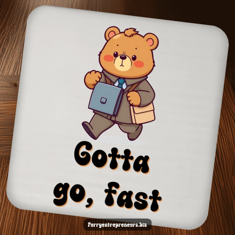 Funny bear business coaster with a determined animal power walking with a briefcase, protecting surfaces.