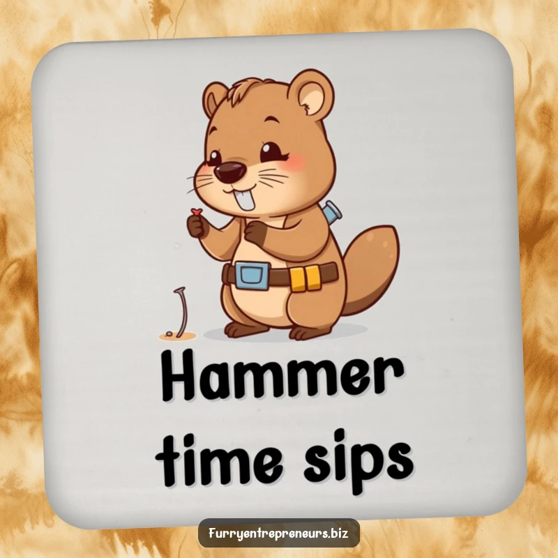 Funny drink coaster showcasing a cute beaver character wearing a tool belt, examining a tiny nail, adding handy charm.