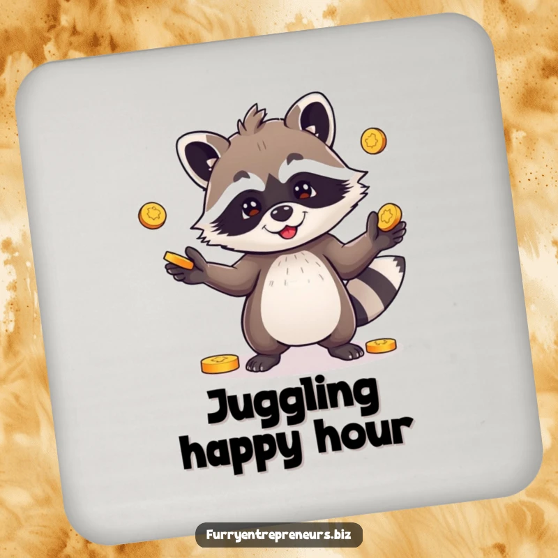 Funny drink coaster with a playful raccoon character juggling coins, protecting surfaces with a humorous, mischievous design.