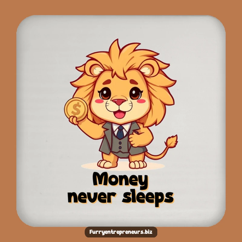 Funny Lion Suit Drink Coaster: Brave Business Beast Holding Coin, Bar Gift!