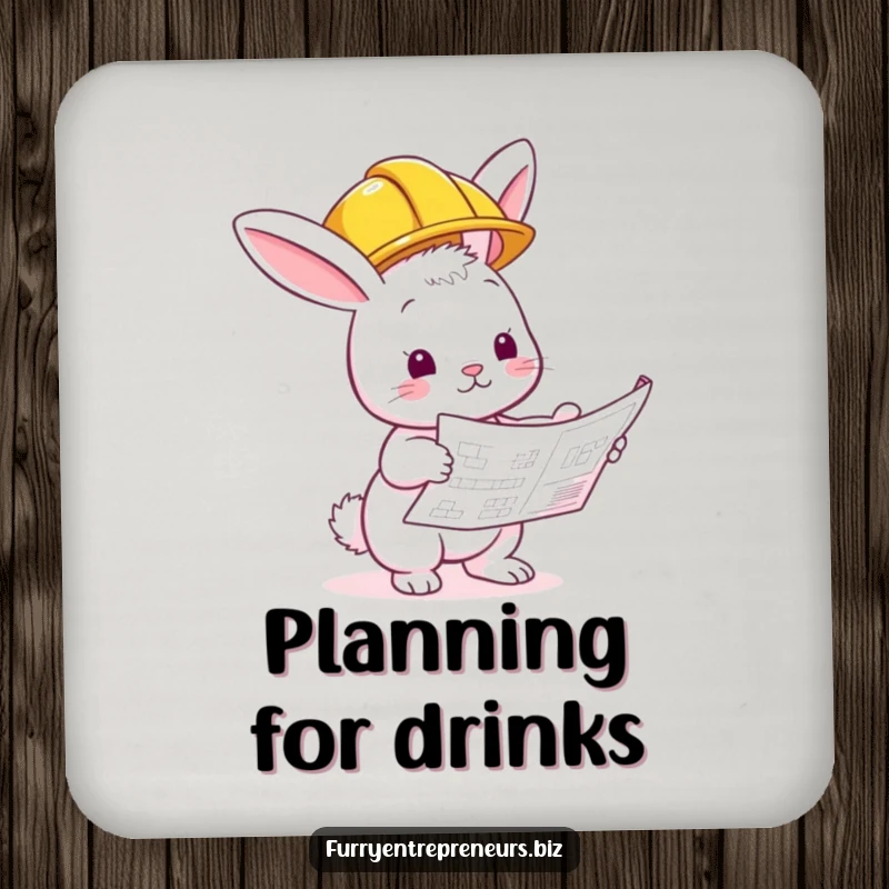 Funny bunny builder coaster, hard hat on, inspecting a blueprint, protecting surfaces with construction humor.
