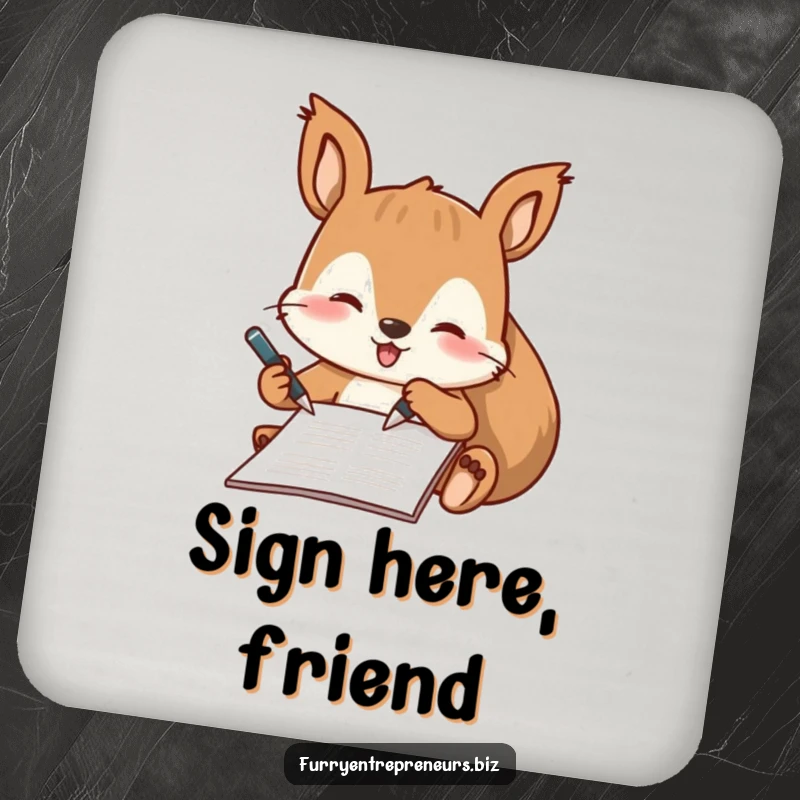 Funny drink coaster showcasing a playful squirrel character signing a document with a tiny pen, adding professional charm.