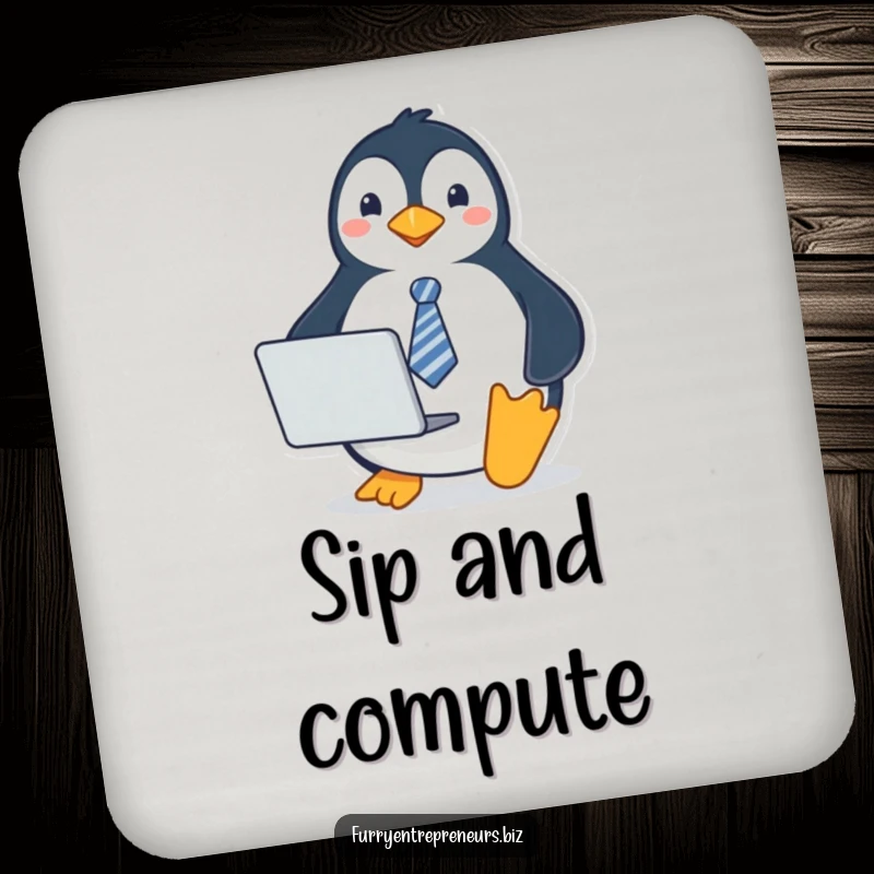 Funny penguin coasters featuring a penguin wearing a tie and holding a laptop, protecting tables with professional and humorous design.