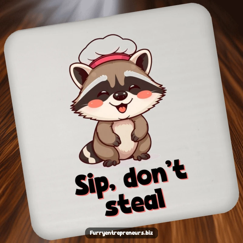 Funny raccoon chef coasters featuring a giggling raccoon in a chef hat, protecting tables with culinary-themed humor and charm.