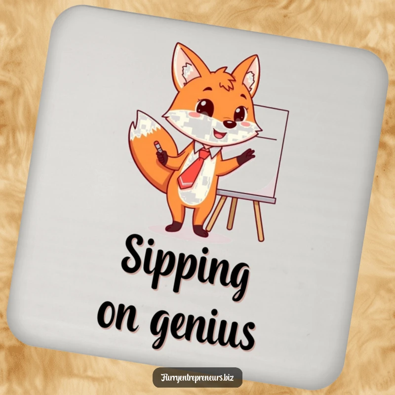 Funny fox drink coaster, wearing a tie, pointing at a whiteboard illustrating drink placement.