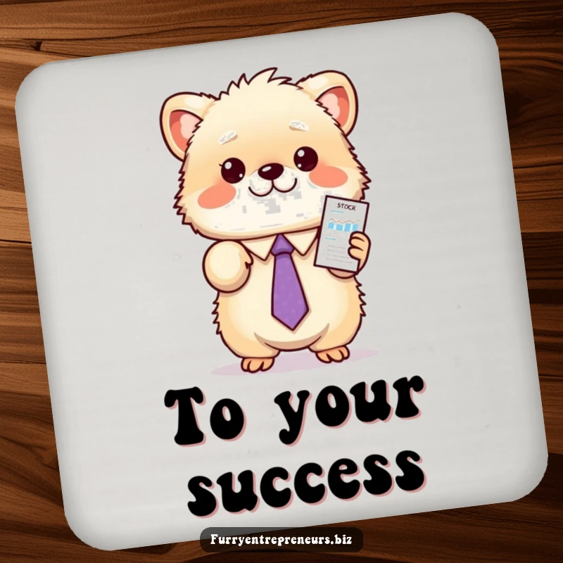 Funny animal stock coaster featuring a fluffy creature in a tie, enthusiastically presenting a miniature stock chart, protecting surfaces with charm.