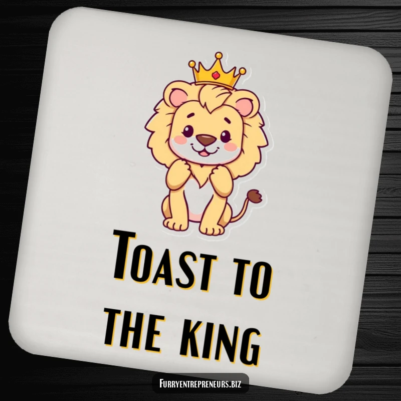 Funny proud lion wearing a crown, accepting applause on drink coasters, perfect for regal tables and funny gifts.