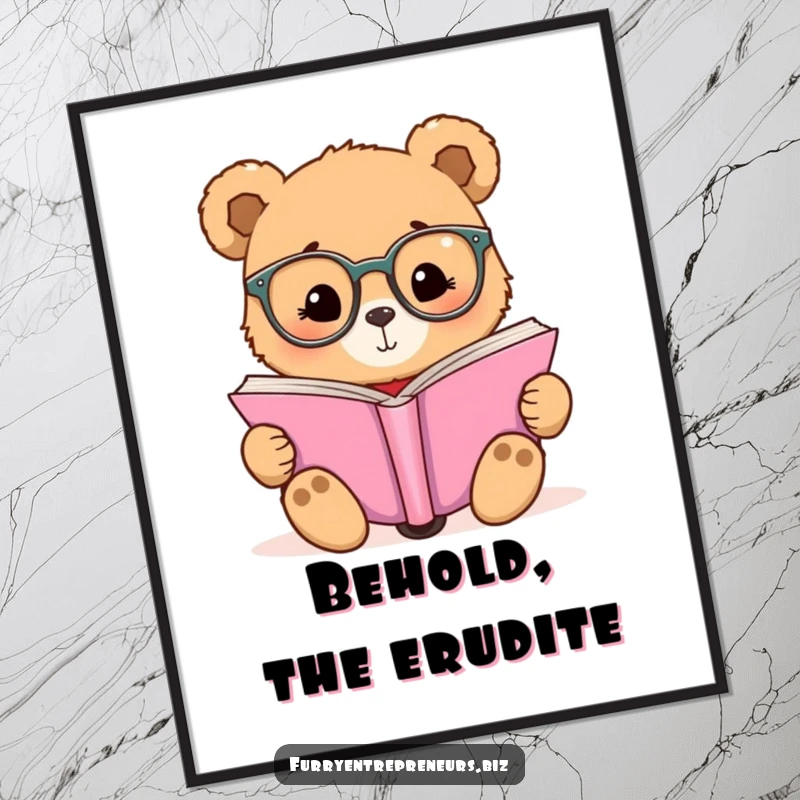 Funny poster of a bear wearing tiny glasses, absorbed in reading a large book, adding charm to any room.