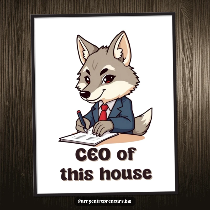 Funny wolf in a sharp, tiny business suit, signing papers with an intense, determined gaze, presented as motivational wall art.