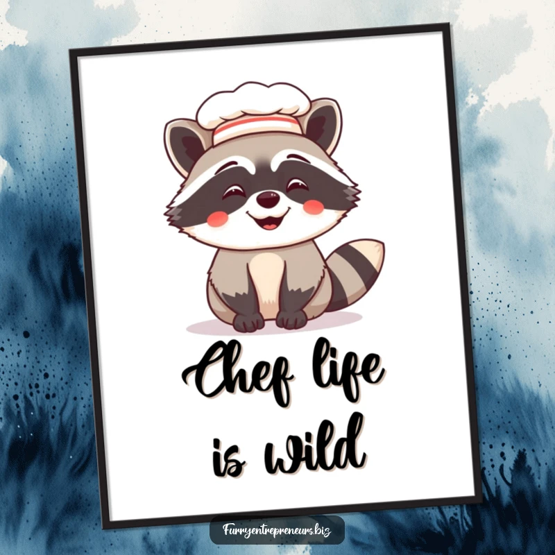 Funny poster print of a giggling raccoon in a tiny chef hat, embodying playful culinary spirit and humor, ideal for kitchen decor.
