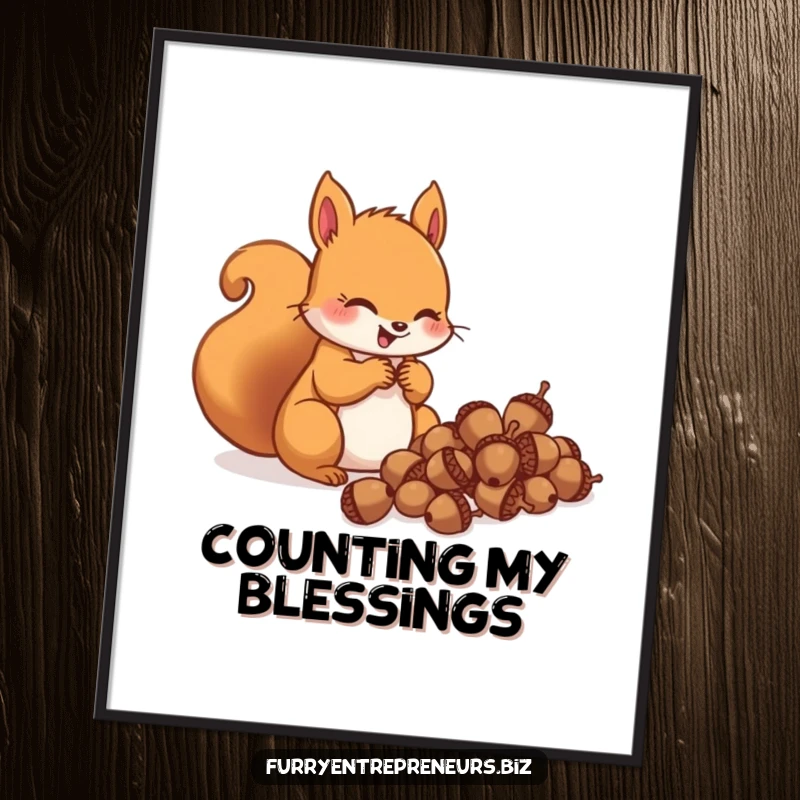 Funny squirrel character gleefully counting a pile of acorns on a poster, symbolizing abundance and happy collecting.