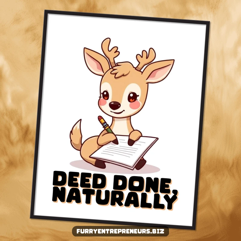 Funny deer character happily signing a document with its hoof, framed wall art for office or home.