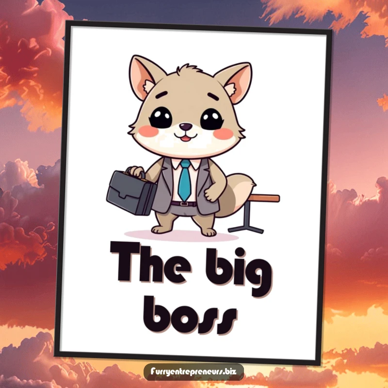 Funny animal business meeting poster, a smiling creature with a briefcase leads a tiny professional gathering, ideal for humorous office or home decor.