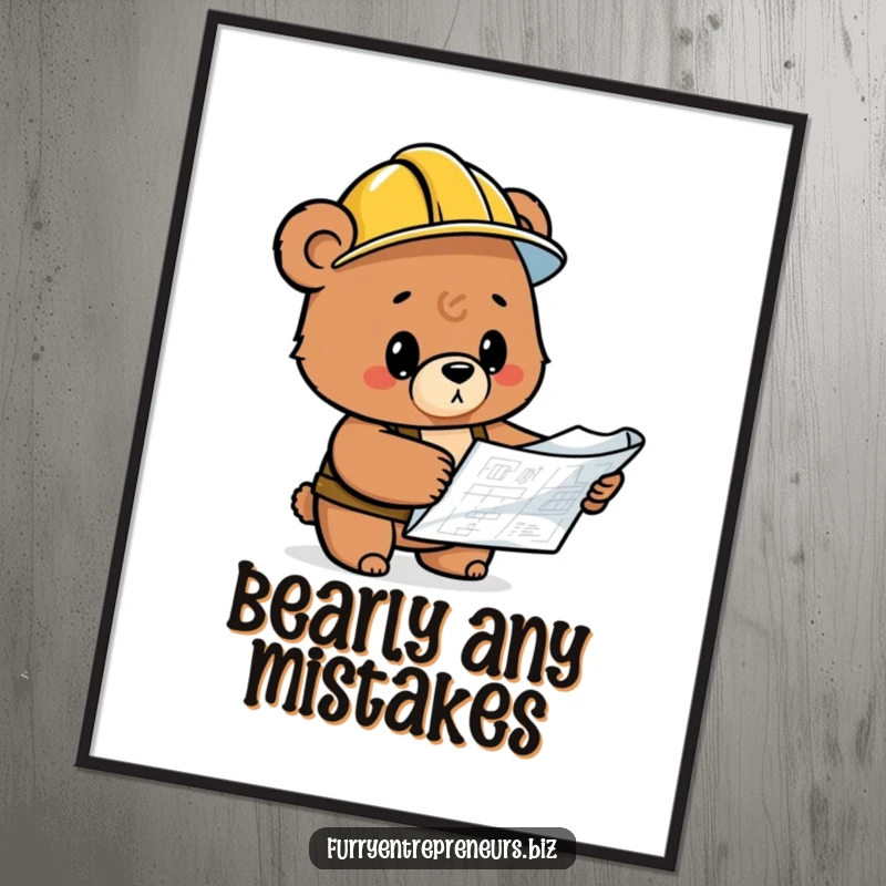 Funny bear construction character wearing a hard hat, inspecting a blueprint, framed wall art for humor.