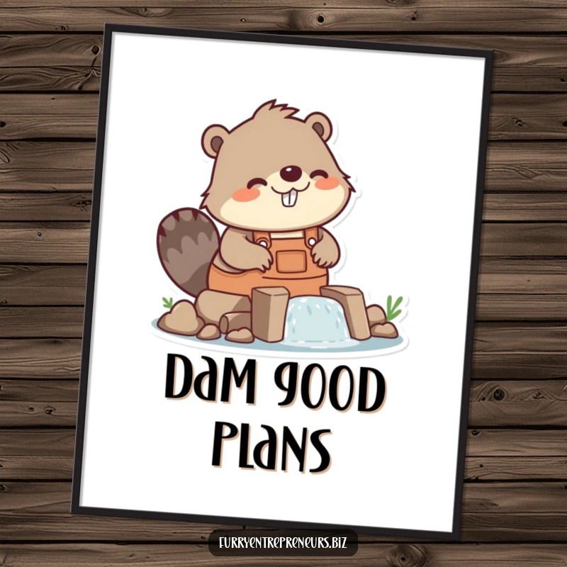 Funny beaver in overalls building a tiny dam on a poster, construction artwork, industrious and humorous, delightful funny gift.